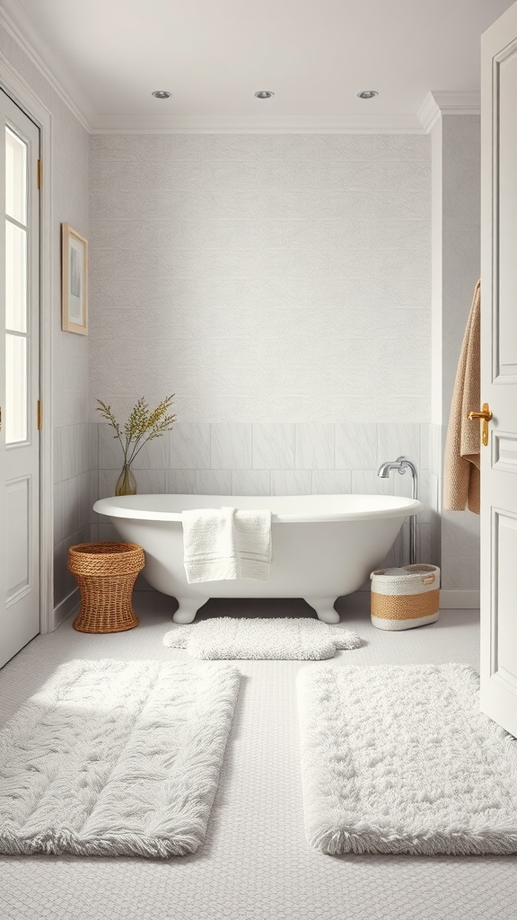 Bright bathroom with soft textured vinyl flooring and a white tub