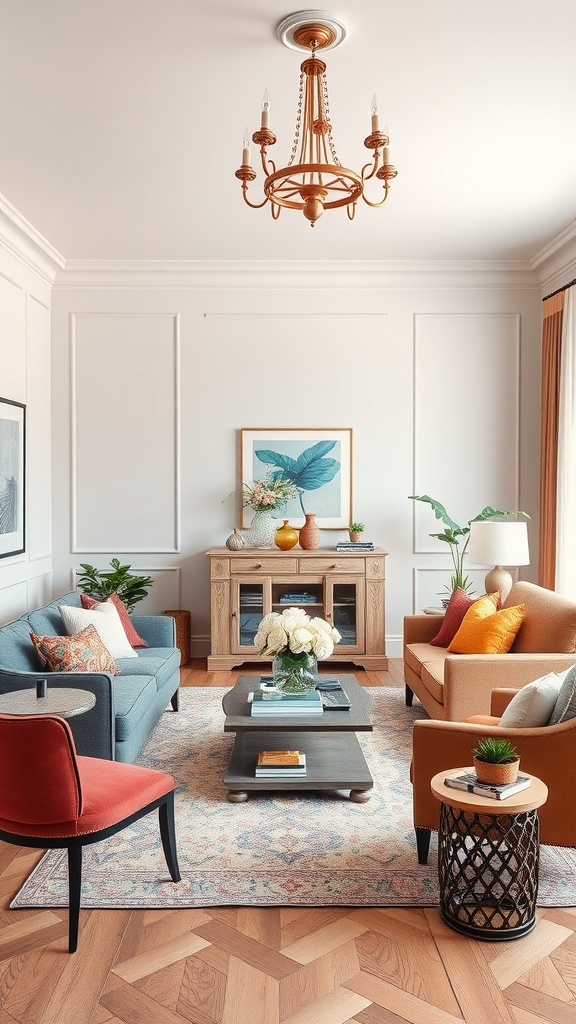 Living room and dining room combination with cohesive color palette and stylish decor.