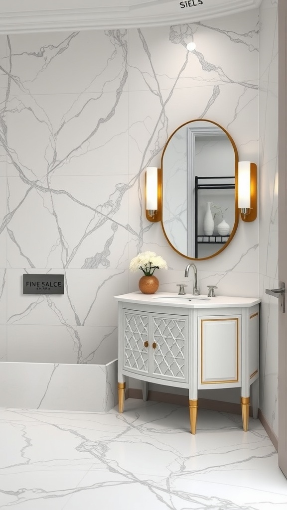 Stylish bathroom with marble effect vinyl tiles, elegant vanity, and modern decor.