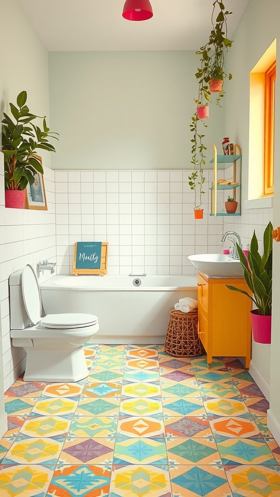 A colorful bathroom featuring bold geometric patterned vinyl flooring, a bathtub, and vibrant plants.