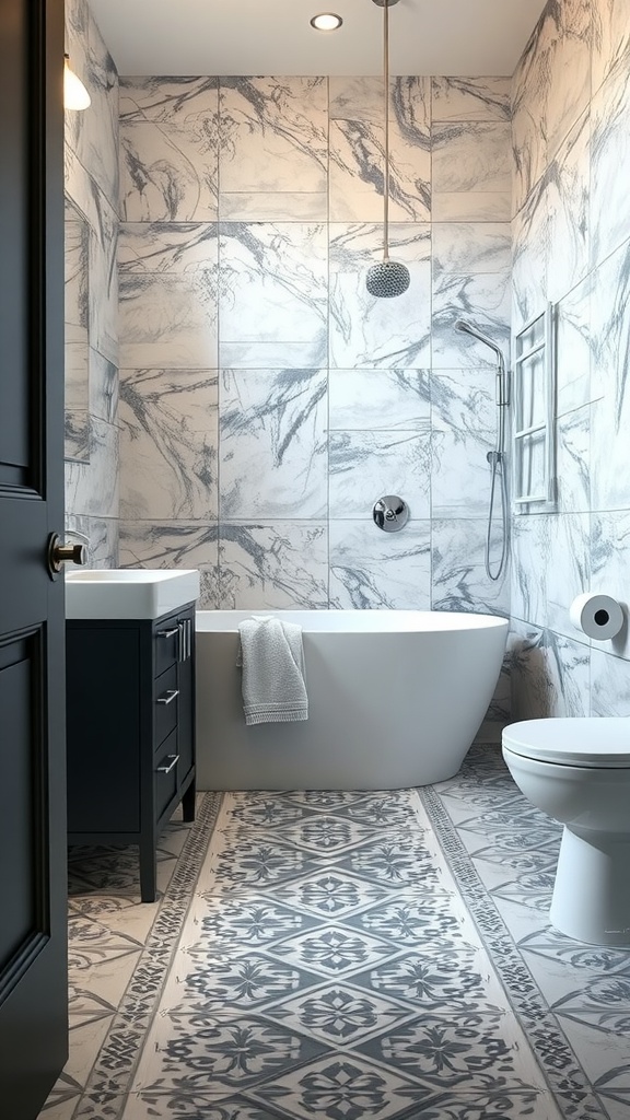 A stylish bathroom featuring vinyl flooring with a marble design and a decorative pattern.