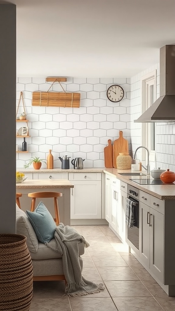 A modern kitchen featuring soft textiles and tile flooring.
