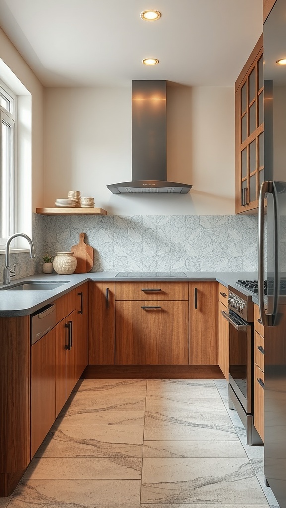 A modern kitchen with customizable vinyl tiles and wooden cabinetry.