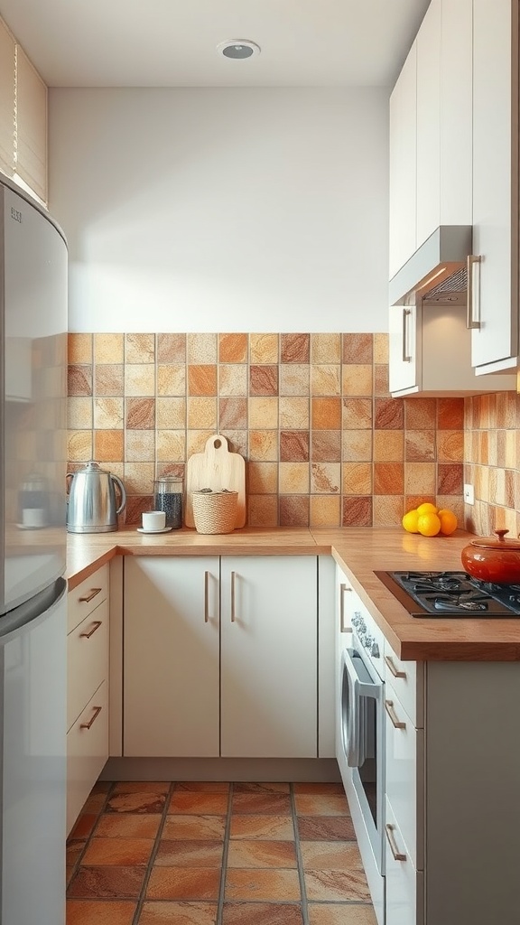 Cozy kitchen with earthy tone tiles and wooden accents.