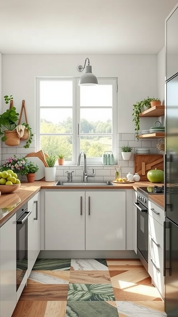 A bright kitchen featuring stylish outdoor-style tiles with leaf and wood patterns on the floor.