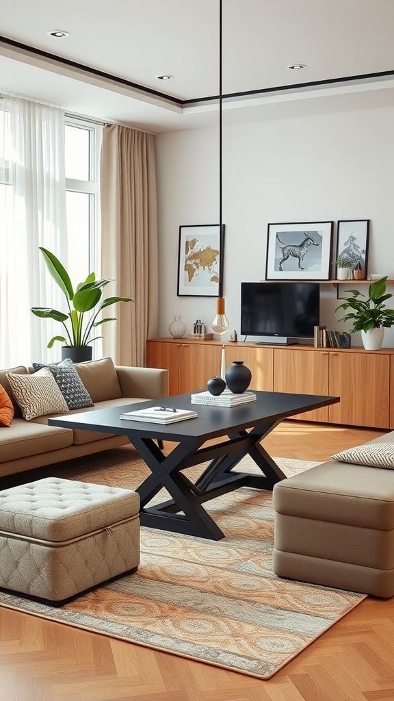 A stylish living room and dining room combo featuring a modern sofa, a black coffee table, and decorative plants.