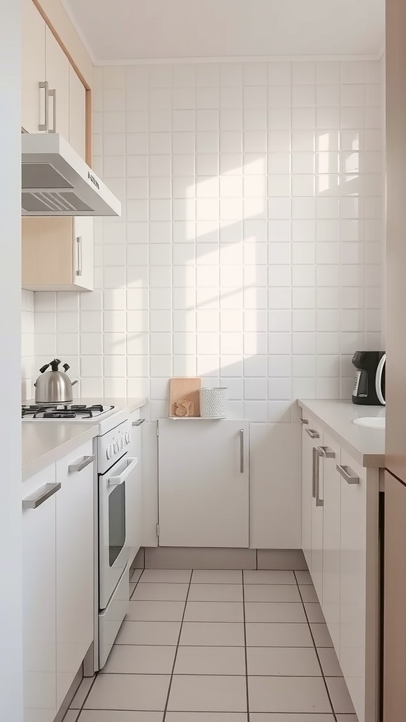 A small, bright kitchen featuring light-colored tiles and cabinets.