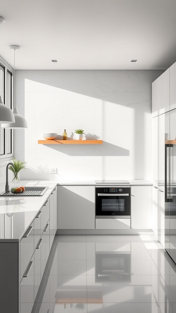 Modern kitchen with glossy tile floor and sleek design.