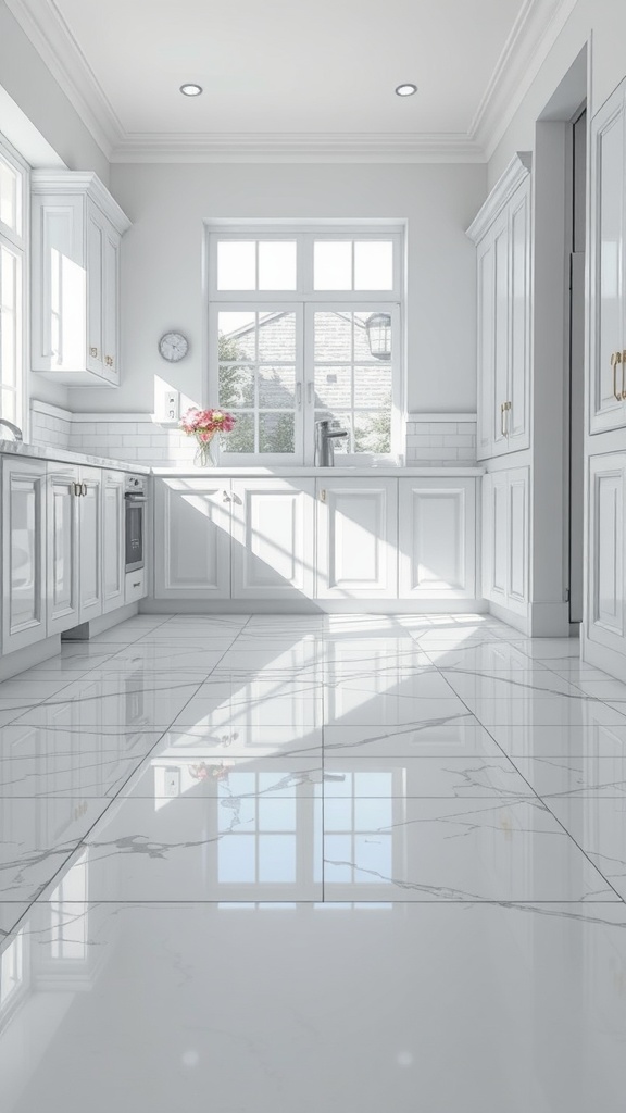 A bright kitchen featuring luxurious marble effect tiles, white cabinetry, and natural light.