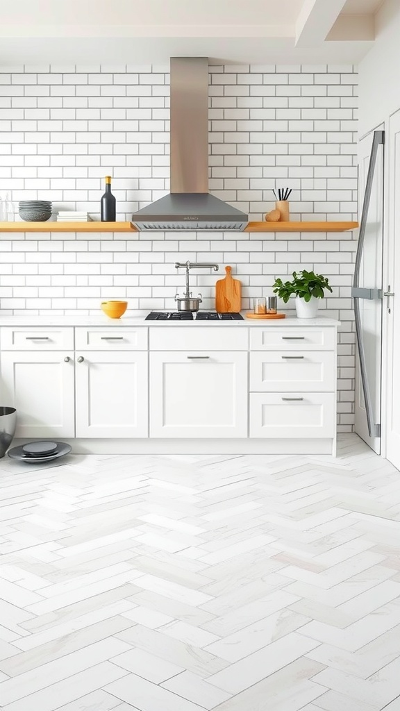 Kitchen with classic subway tiles on the floor and white cabinetry.