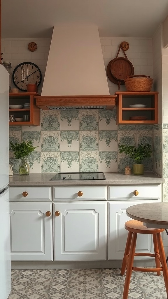 A cozy kitchen featuring vintage inspired tiles with intricate patterns and soft colors