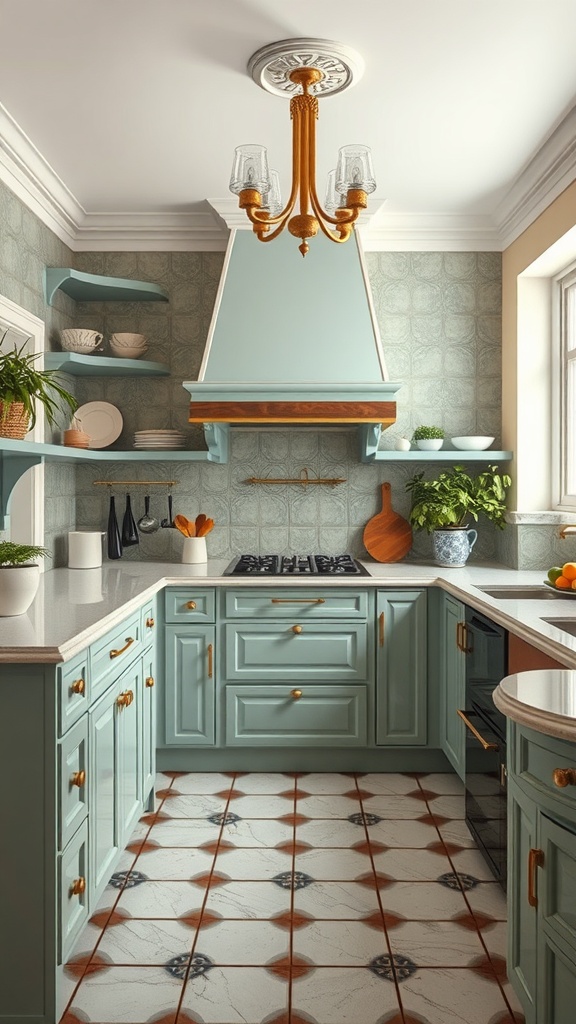 A kitchen featuring Art Deco inspired tiles with a geometric pattern and soft cabinetry.