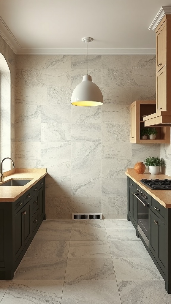 A modern kitchen featuring natural stone tiles on the floor and walls.