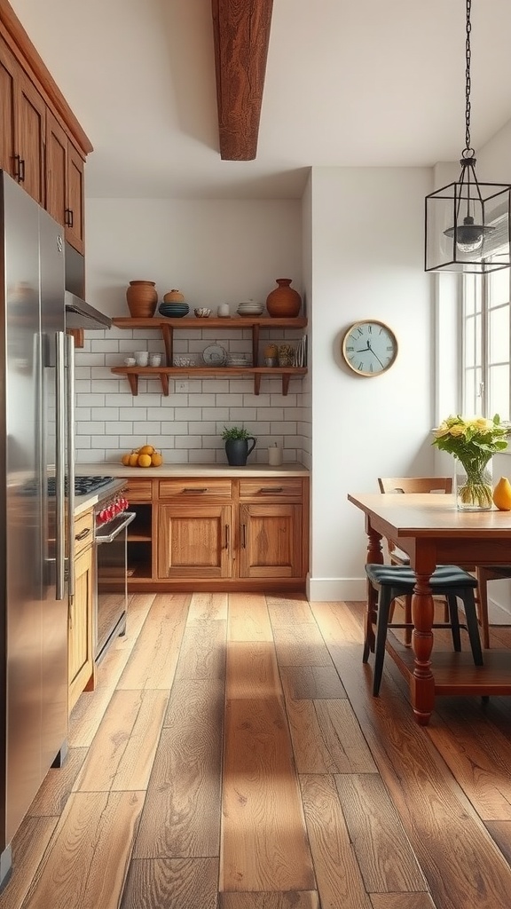 A cozy kitchen featuring rustic wood-look porcelain tiles on the floor, complemented by wooden cabinets and modern appliances.