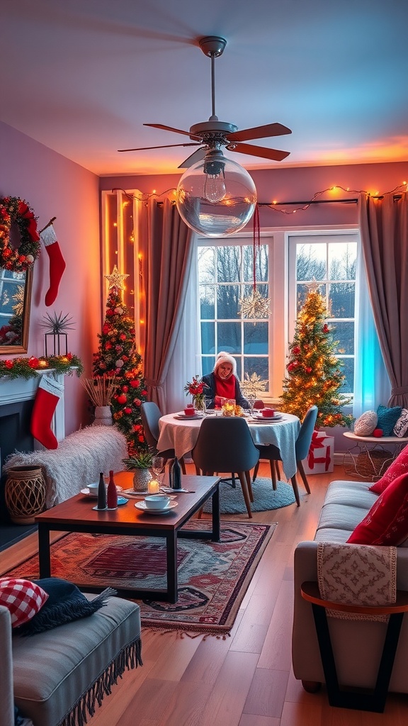 A cozy living room dining room combo decorated for the holidays with festive lights and a dining table set for a meal.