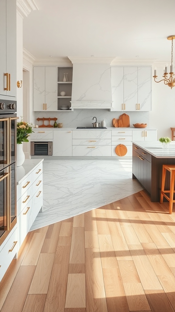 A kitchen featuring Carrara marble tiles next to wooden flooring.
