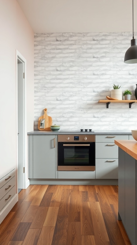 A stylish kitchen featuring wood flooring and a modern tile backsplash.