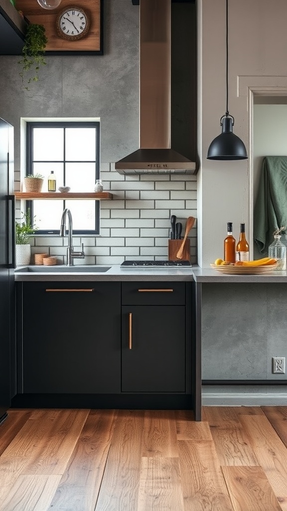 A modern kitchen featuring a mix of concrete tiles and wooden flooring, showcasing an industrial style.