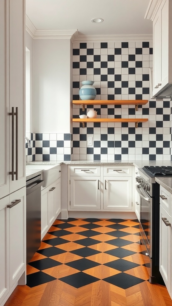 A kitchen featuring a classic checkerboard tile floor with wood accents.
