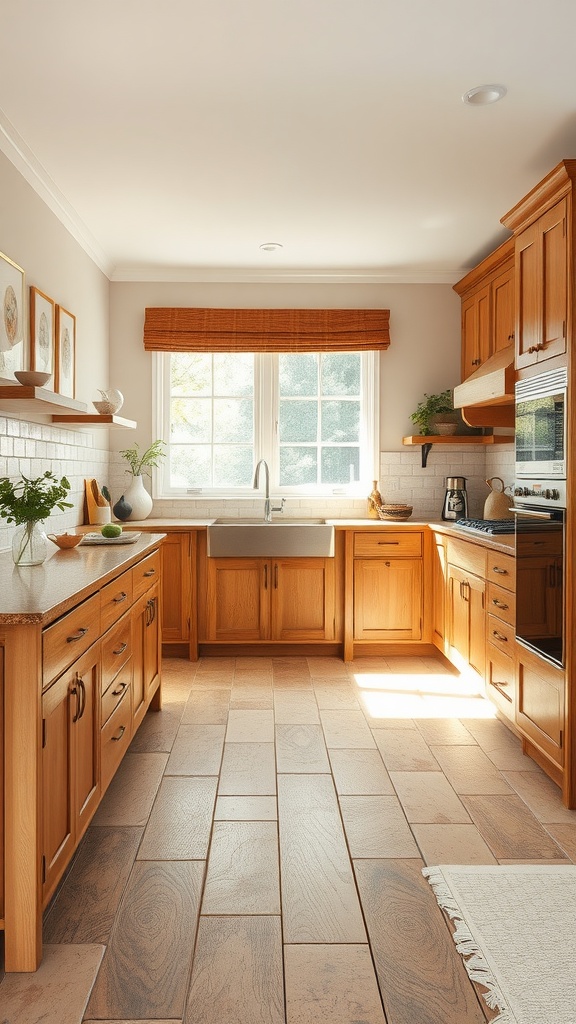 A kitchen featuring wooden cabinets and tumbled travertine tiles.