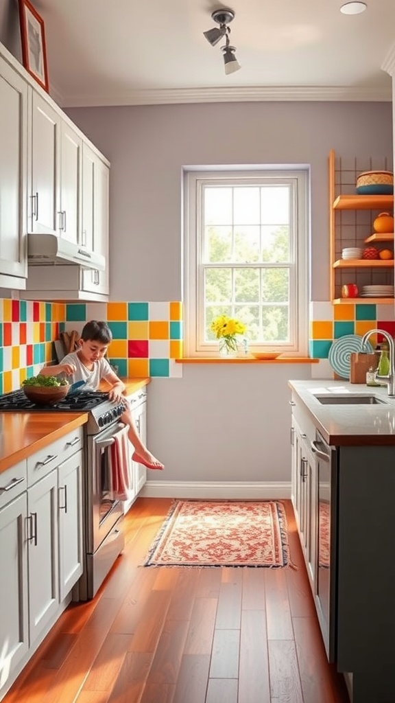 A bright and colorful kitchen featuring patterned tiles and wooden accents.