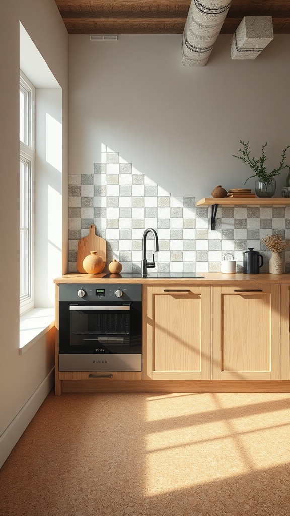 A kitchen featuring cork flooring, wooden cabinets, and a tiled backsplash.