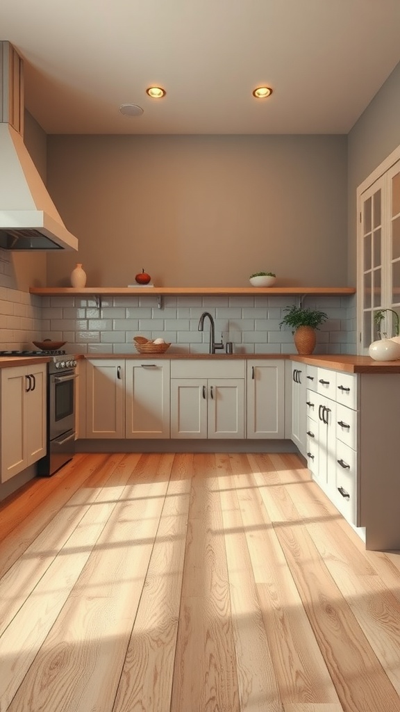 A kitchen with a transition from tile to wood flooring.