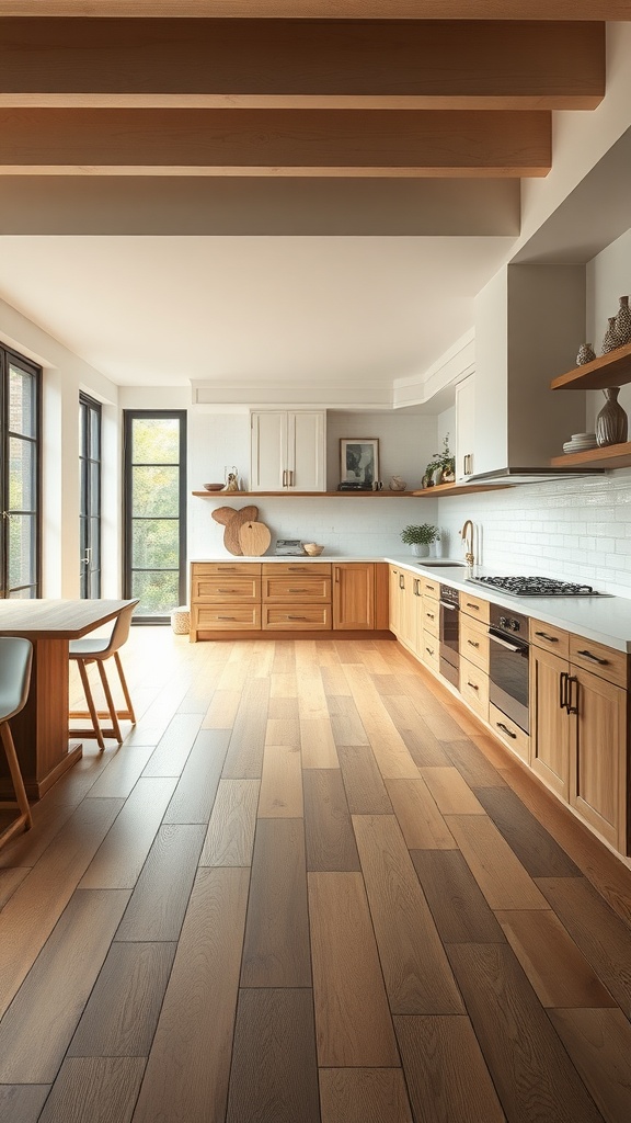 A modern kitchen featuring large format tiles next to wooden flooring.