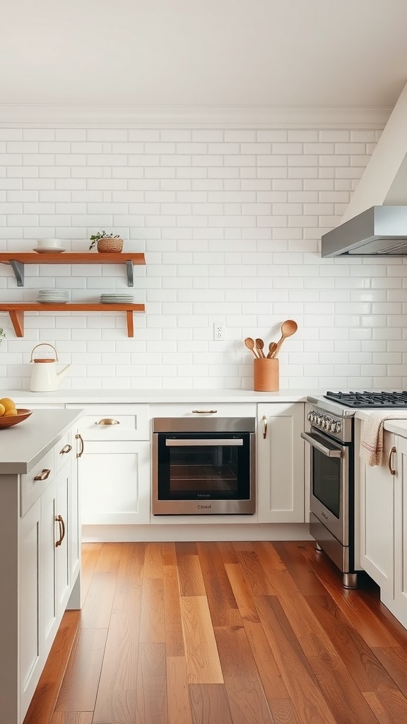 A kitchen featuring white subway tiles on the walls and polished wooden flooring.
