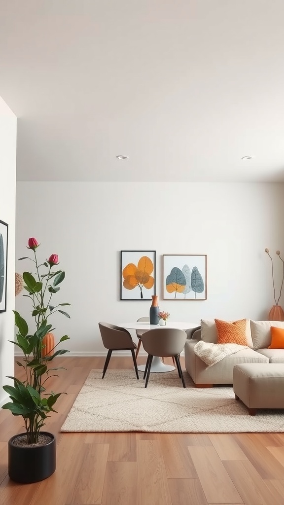 Modern living room and dining room combo with neutral and warm tones
