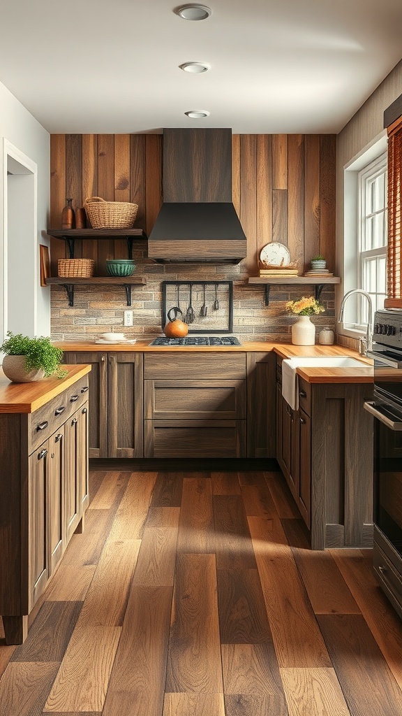 A modern kitchen featuring rustic wood-look tile flooring and wooden cabinetry.