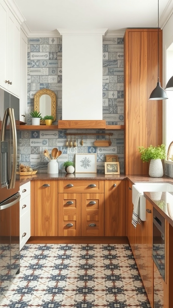 A stylish kitchen featuring a mix of tile flooring and wooden cabinets
