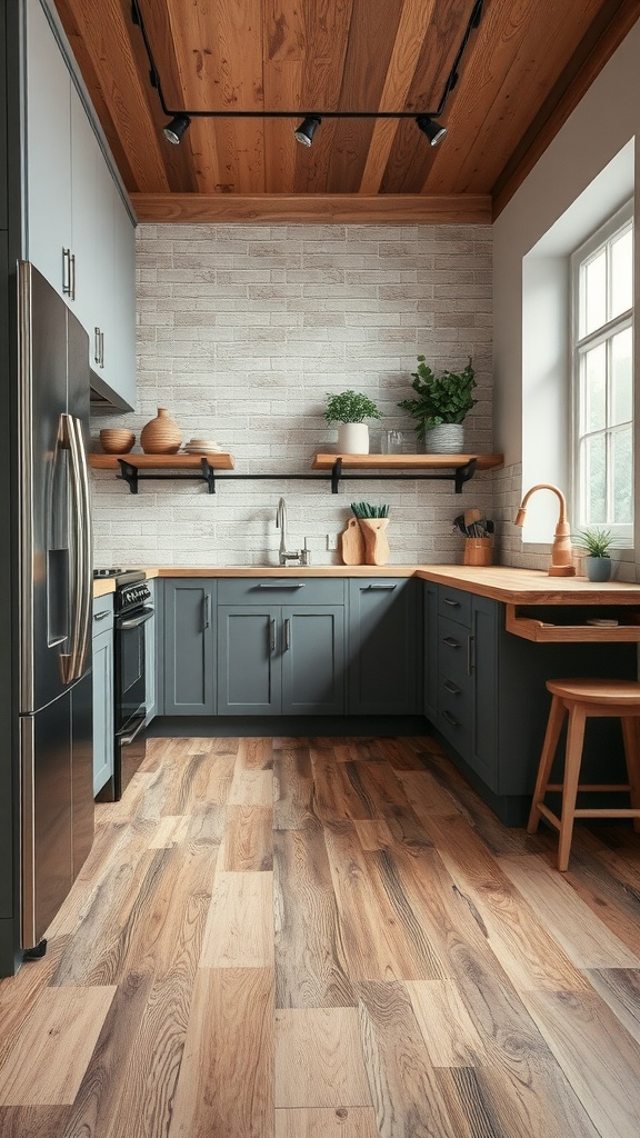 A modern kitchen featuring wood flooring and gray cabinets with wooden accents.