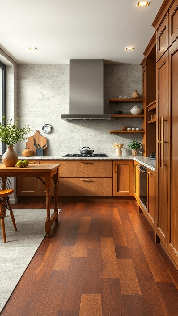 A kitchen featuring natural stone tiles next to wooden flooring.