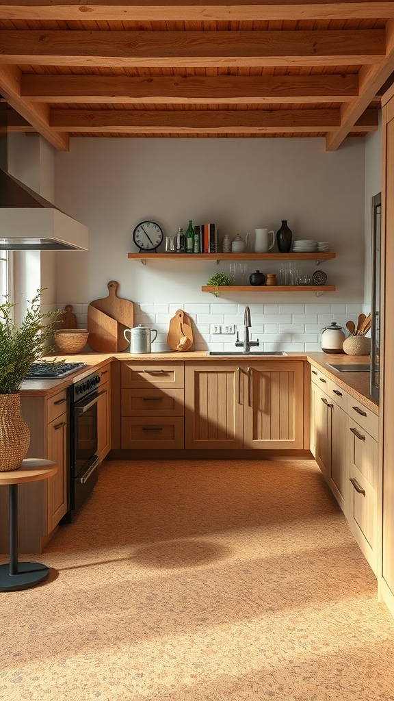 A rustic kitchen featuring eco-friendly cork flooring with wooden cabinets and shelves.