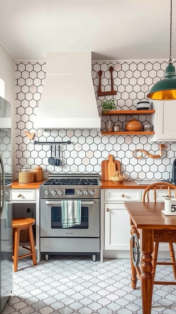 A rustic kitchen featuring hexagon tiles on the floor, a modern stove, and wooden accents.