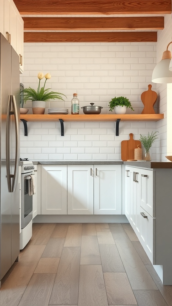 A rustic kitchen showcasing vinyl plank flooring with white cabinets and wooden shelves.