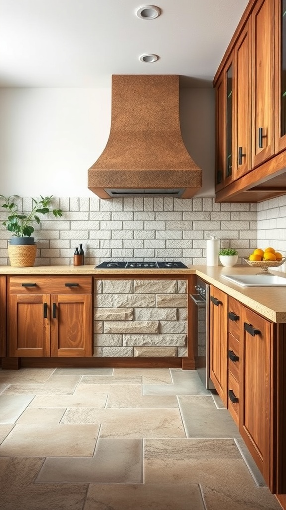 A cozy kitchen with wooden cabinets and stone tile flooring.