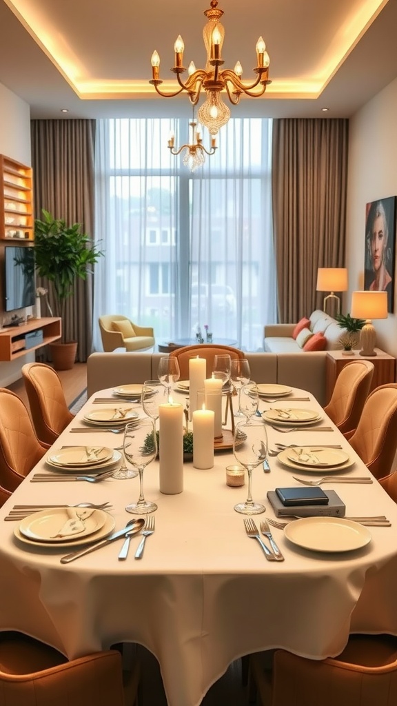Elegant dining table set with candles and dinnerware, in a stylish living room.