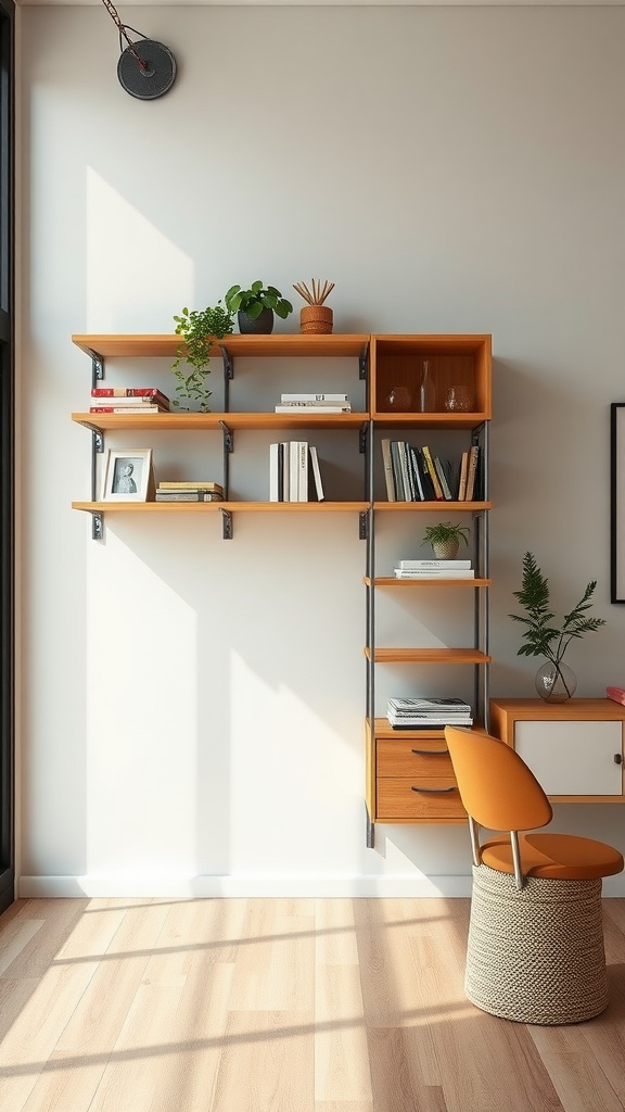 A modern living room dining room combo with wall-mounted wooden shelves and a cozy chair.