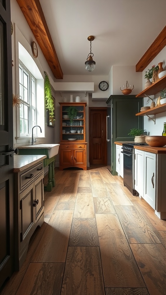 A cozy rustic kitchen featuring antique finish flooring, wooden cabinets, and natural light.