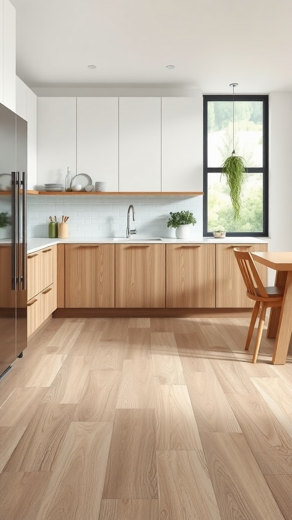 A modern kitchen featuring timber-look porcelain tiles, wooden cabinets, and a bright window.
