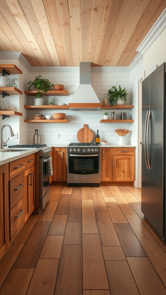A rustic kitchen featuring cedar plank flooring and wooden cabinetry.