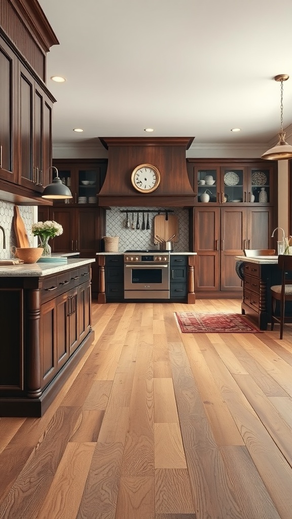 A rustic kitchen featuring wide plank hardwood flooring, dark wood cabinets, and stylish appliances.