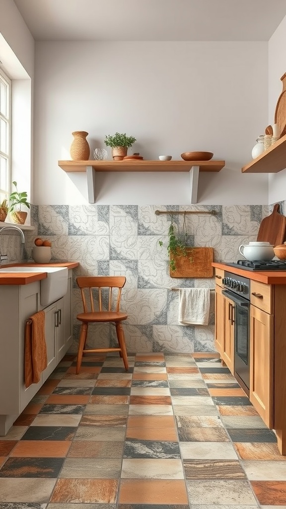A rustic kitchen with a combination of terracotta and patterned tiles on the floor.