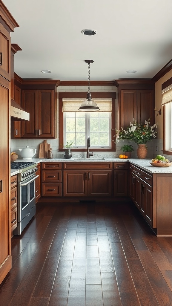 A rustic kitchen with dark stained wood flooring and wooden cabinets.