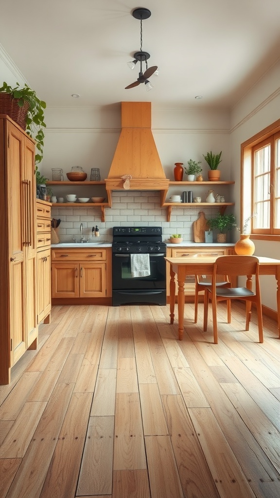 A cozy rustic kitchen with wooden cabinets and painted plywood flooring.