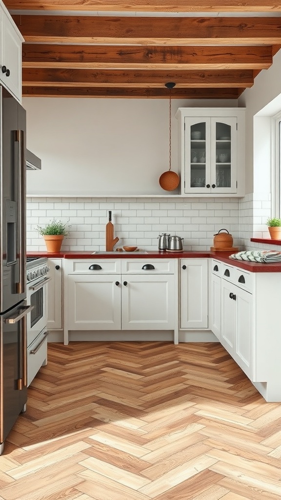 A rustic kitchen showcasing herringbone wood flooring with white cabinets and natural wood accents.