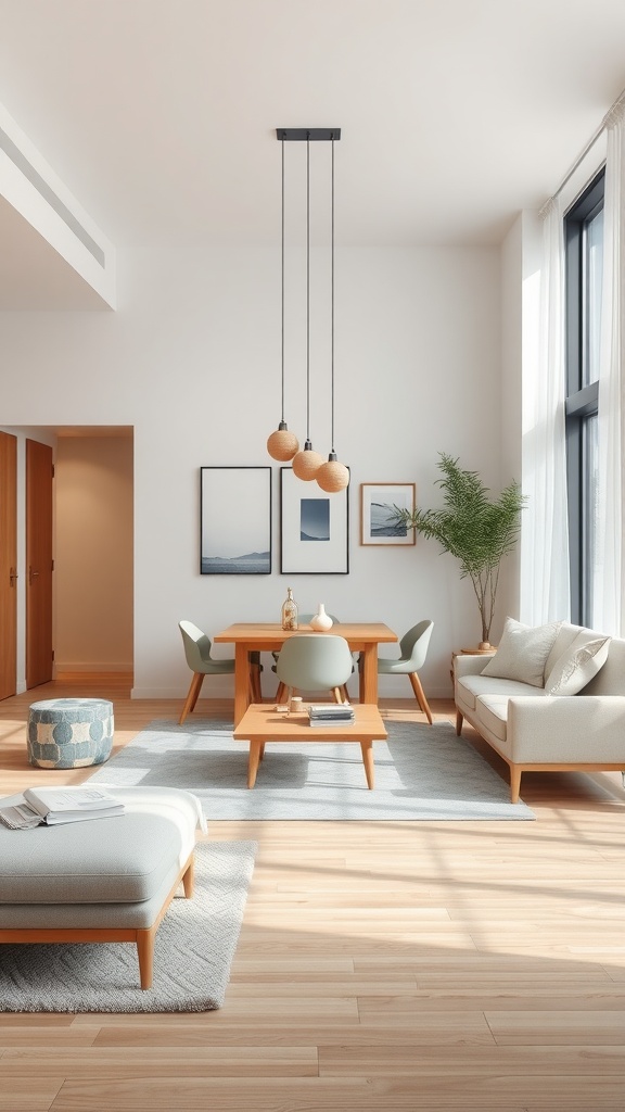 Modern living room dining room combo featuring a light wood dining table, green chairs, and a cozy sofa.