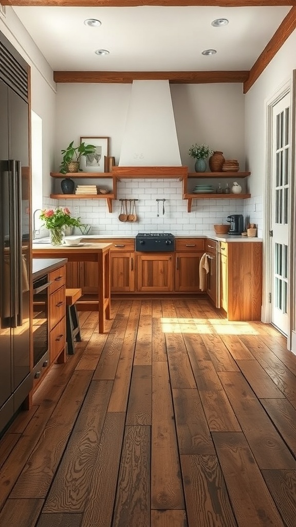 A rustic kitchen with reclaimed barn wood flooring and wooden cabinets.
